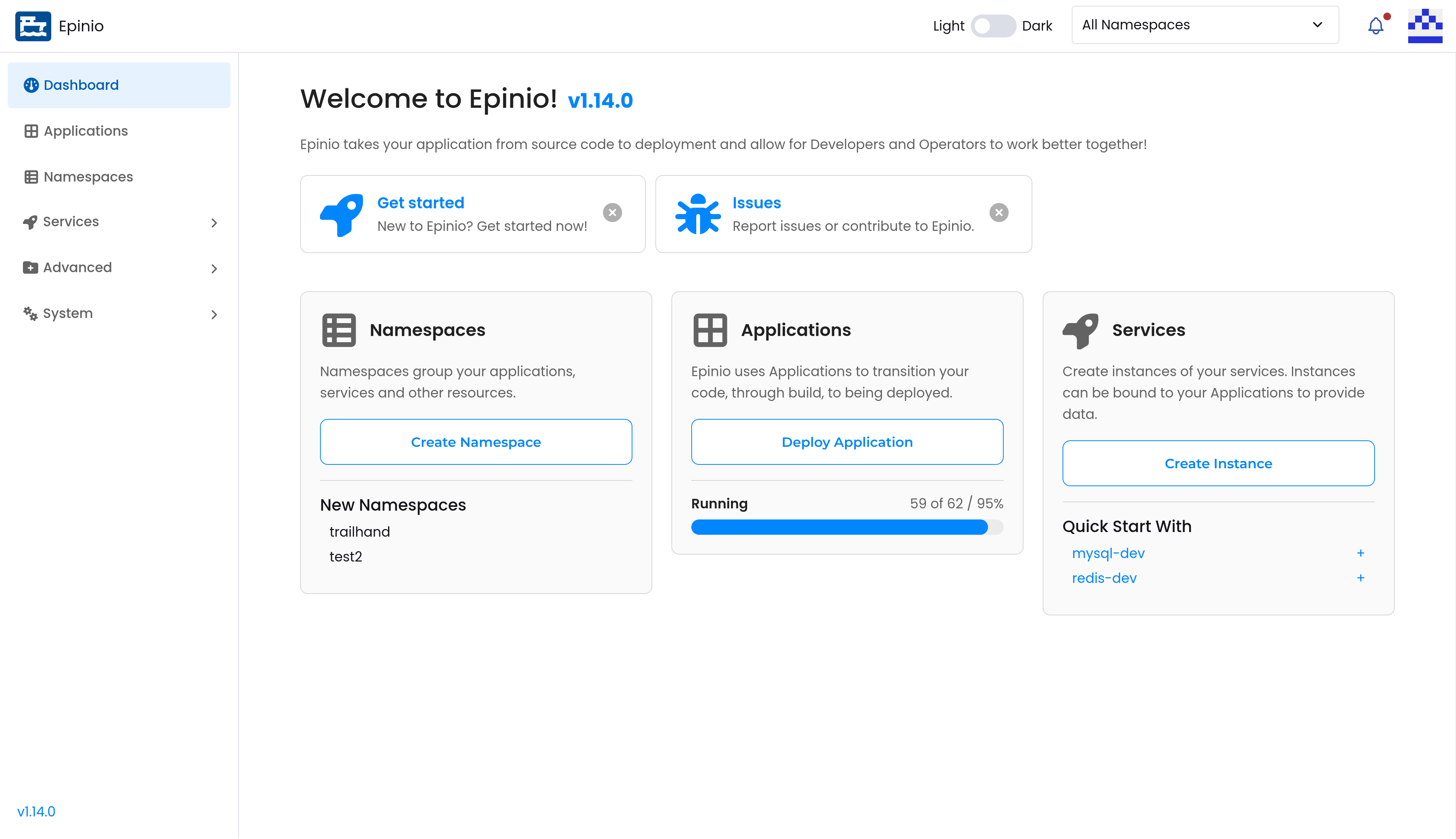 Epinio dashboard